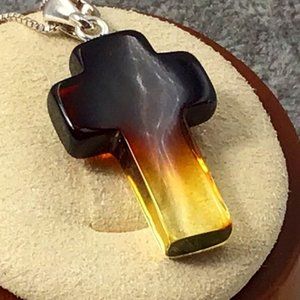 Amber Cross Cherry And Citrin Sterling Silver Box Chain 1.5” New